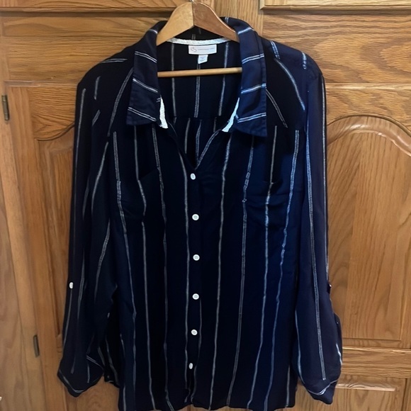 Navy White Button Down Blouse - Picture 1 of 4